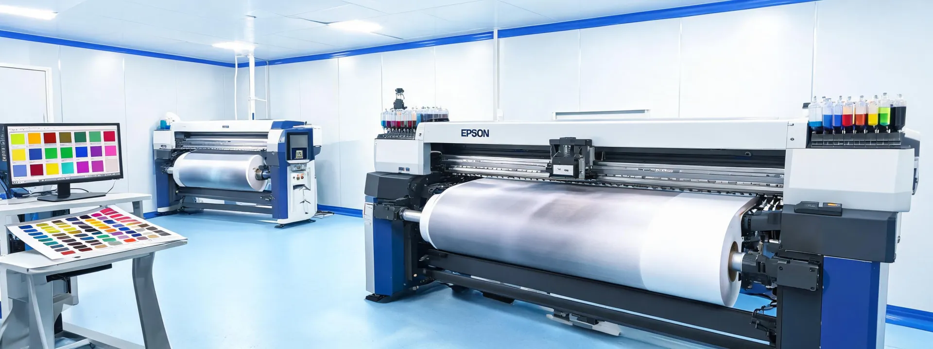 Wide-format Epson digital textile printer line in a production studio