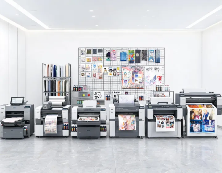 Epson printer families displayed in a commercial print room