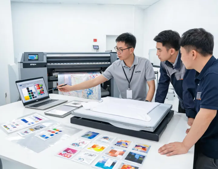 Epson service engineer reviewing digital print workflow with operators